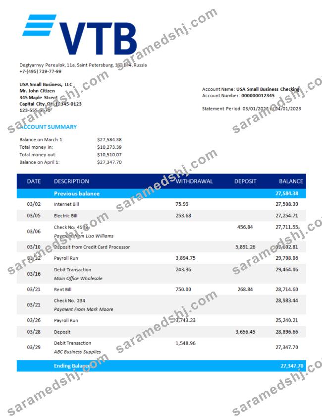 VTB Bank firm account statement Word and PDF template